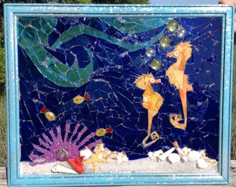 Arte de mosaico de vitrales de caballitos de mar - Decoración de pared de coral marino OOAK