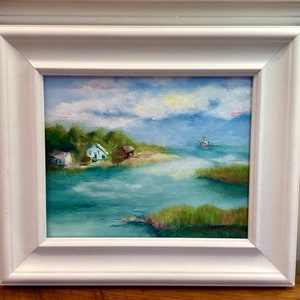 Original Coastal Oil Painting Shrimper Shrimp Boat Water Ocean Art OOAK