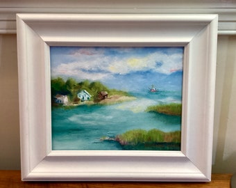 Pintura al óleo costera original Camarón Camarón Barco Agua Océano Arte OOAK