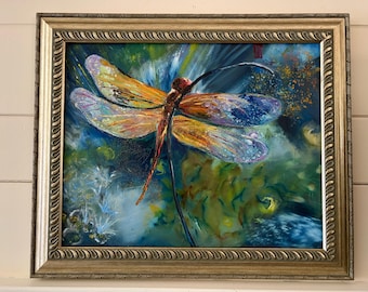 Pintura al óleo original de libélula natural OOAK