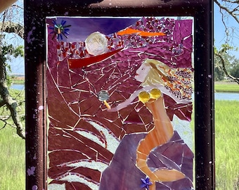 READY 2 SHIP Sirena a la luz de la luna Mosaico Vida marina Vidrieras Arte OOAK
