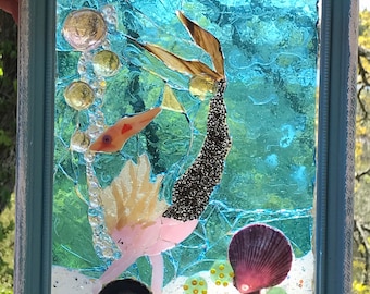 Merman sirena perla buceador manchado vidrio mosaico imagen arte costero OOAK
