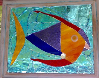 Big Fish Gráfico Picasso Diseño Mosaico Sea Life Vidriera Arte OOAK