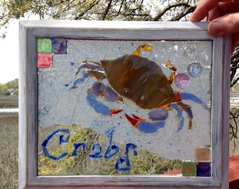 Signo de cangrejo azul vidriera original playa costera arte único OOAK