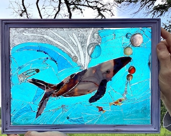 Ballena mosaico vida marina vidriera arte OOAK