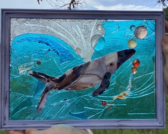 Ballena mosaico vida marina vidriera arte OOAK