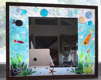 Espejo azul mosaico vida marina manchado marco de la ventana de arte OOAK