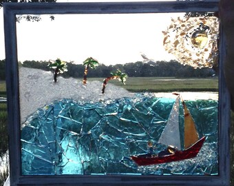 Velero Tropical Island Beach Palm Trees Mosaico De Vidrio Manchado OOAK