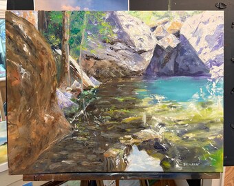Pintura al óleo original de la laguna, roca, gruta, naturaleza, OOAK