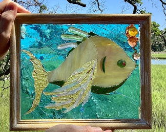 Agraciado grande pez amarillo mosaico vida marina vidrieras arte OOAK