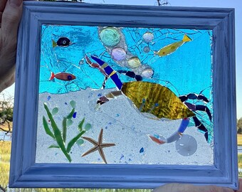 Cangrejo Azul Original Vidriera Playa Costera Arte OOAK único