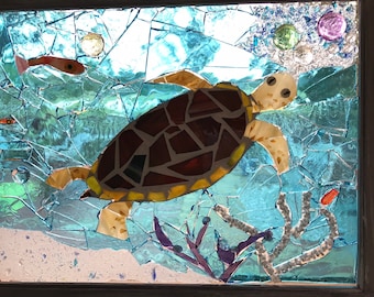 Mosaico de tortugas marinas Arte de vidrieras de vida marina OOAK