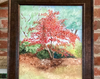 Arte original pintura al óleo rojo naranja otoño arce japonés OOAK