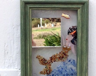Sirena espejo cobalto azul mosaico vida marina arte de vidrio oOAK