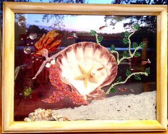 Original sirena peces mosaico mar vida manchado vidrio arte OOAK