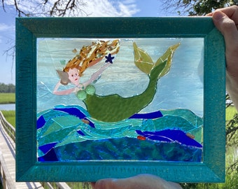 LISTO 2 ENVÍO Sirena azul Escuchando Mosaico Vida marina Vidrieras Arte OOAK