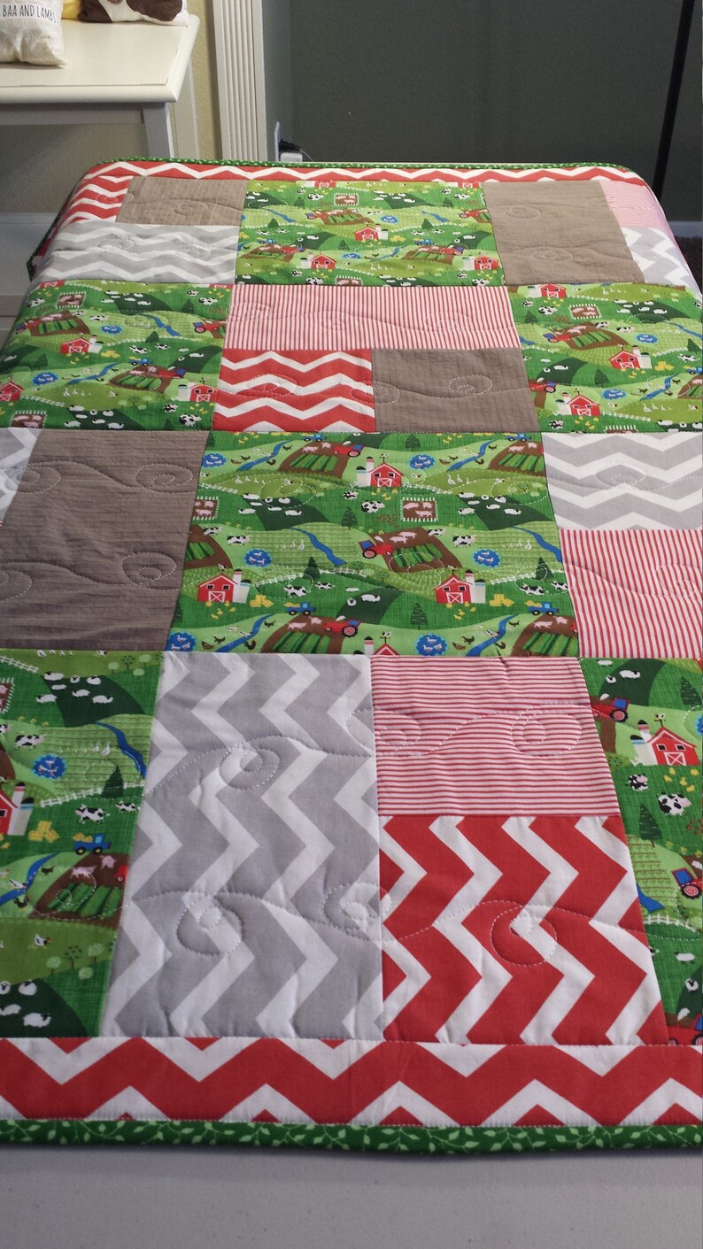 Farm Animals Baby Boy Crib QuiltCrib Bedding SetPlay Mat with Coordinating Farm Animal Pillow Sheep or Chicken Made to Order