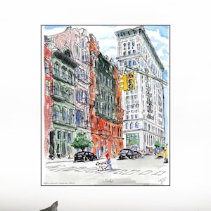 Soho, Soho and Doggie ,physical print, New york, Manhattan , watercolor printed canvas,  New York by artist Melixah