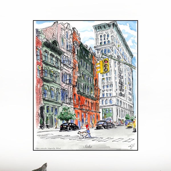 Soho, Soho and Doggie ,physical print, New york, Manhattan , watercolor printed canvas,  New York by artist Melixah