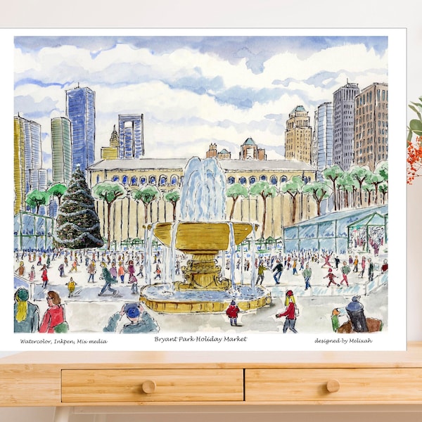 Bryant Park holiday village  in New York, in tube ,watercolor print,  New York by artist Melixah