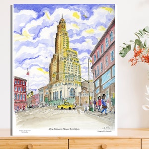 One Hanson Place, New York, Brooklyn, Wall decor, New York print ,Print, Water color,awarded artist Meliksah Soyturk ,Digital print.