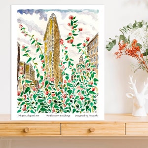 New York print, Flatiron building, New York, Green leaves and New York, The Flatiron Building, cloud print, by awarded  artist Melixah