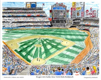 Huge Citi Field Newyork bicycles New york watercolor printed frame Manhattan New York Mets Ballpark New York by artist Melixah