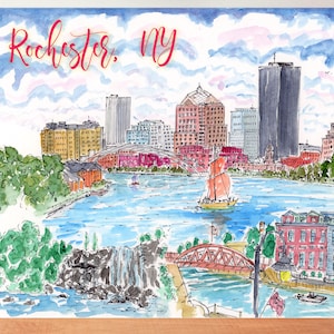 May include: Watercolor painting of the Rochester, NY skyline with a sailboat on the Genesee River. The painting includes a waterfall, a bridge, and buildings.