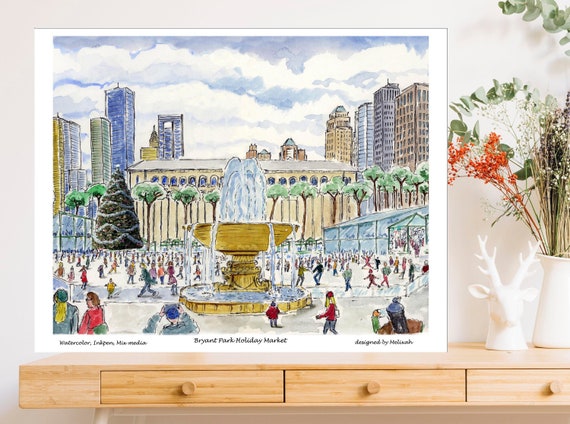 Bryant Park Holiday Village in New York, in Tube ,watercolor Print
