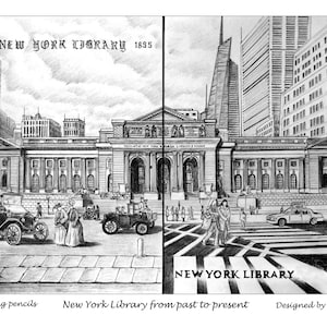 New York Public Library old and New ,Library , Black and White ink pen art print, NYC , New York Print, ink pen ,Drawing NY, Many Sizes