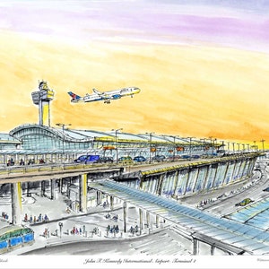 John F. Kennedy International Airport, watercolor JFK airport print, New York,watercolor, cloud print, by awarded  artist Melixah