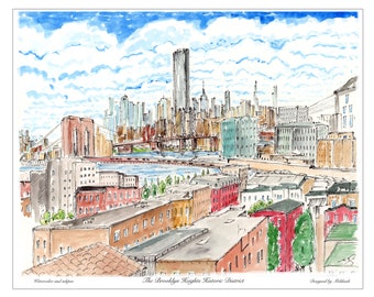 May include: A watercolour and ink drawing of the Brooklyn Heights Historic District in New York City. The drawing features the Brooklyn Bridge, the Manhattan skyline, and the historic brownstone buildings of Brooklyn Heights. The text "The Brooklyn Heights Historic District" is written at the bottom of the drawing.