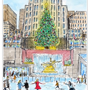 Christmas at Rockefeller Center Art Print | Ice Skating Art | New York Skyline | NYC Wall Art | NYC Watercolor | Gallery Wall Set | Giclee