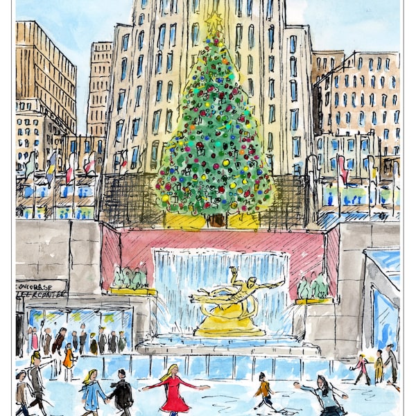 Christmas at Rockefeller Center Art Print | Ice Skating Art | New York Skyline | NYC Wall Art | NYC Watercolor | Gallery Wall Set | Giclee