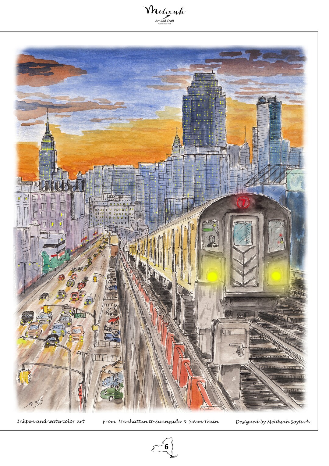 Seven Train and Sunnyside, Wall Decor ,watercolor and Inkpen