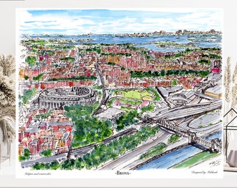 May include: A watercolor illustration of the Bronx, New York City, featuring a stadium, a river, and a bridge. The illustration is in a sketch style and includes the text "Bronx" and "Designed by Melissah".