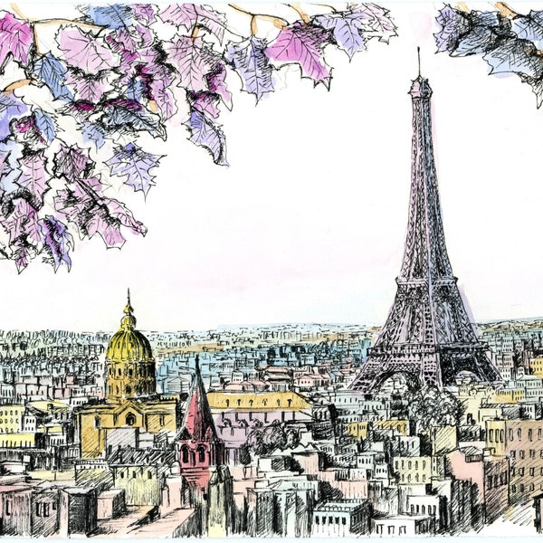 Colorful Paris and Eiffel Tower , watercolor printed frame,  New York by artist Melixah