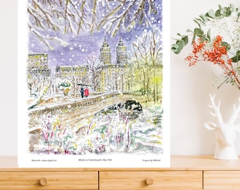 May include: A watercolor painting of a snowy scene in Central Park, New York City. The painting shows a bridge over a frozen pond with buildings in the background. The text "Winter in Central Park, New York" and "Designed by Michael" are visible at the bottom of the painting.