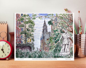 May include: A watercolor painting of a statue of Edwin Booth in Gramercy Park, New York City, with the Chrysler Building in the background.