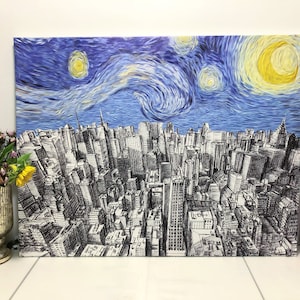 May include: A black and white illustration of a city skyline with a blue and yellow starry night sky in the background. The city skyline is drawn in a detailed style, with each building represented individually. The starry night sky is painted in a swirling style, with yellow stars and a crescent moon.