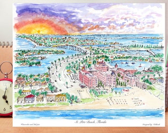 St. Pete Beach, FL , Florida Saint Petersburg , beautiful watercolor , wall art ,Florida decor ,print ,designed by awarded Artist