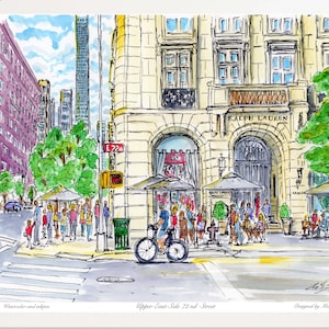 Upper East Side, 72nd street, Beautiful corner with famous coffee taste,Upper east-side, NY, watercolor printed,Art print,by Awarded Artist