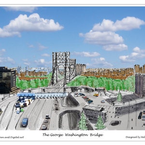 George Washington bridge,Washington bridge ,Wall decor, Print, Water color,awarded artist Meliksah Soyturk ,Digital print.