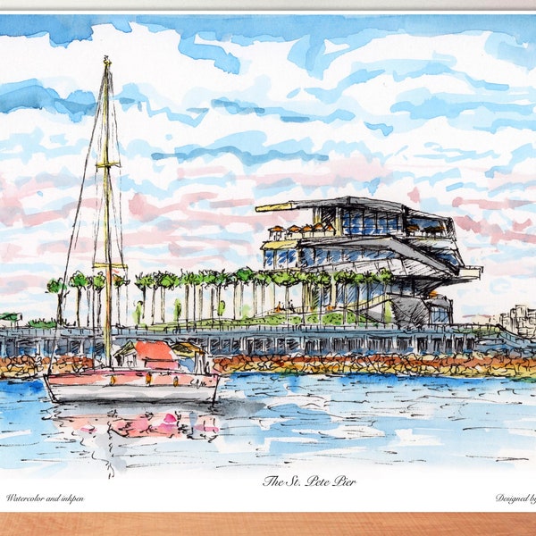 The St. Pete Pier, St. Petersburg Florida, Florida Saint Petersburg, watercolor, wall art ,Florida decor ,print ,designed by awarded Artist