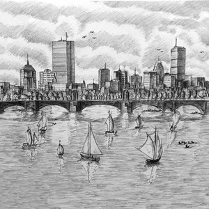 Boston Print, Boston Art, Boston Decor, Massachusetts Print, Massachusetts Art, Massachusetts Decor ,Black and white Boston drawing