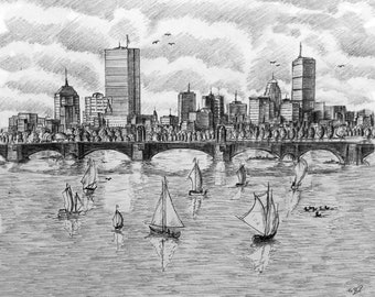 Boston Print, Boston Art, Boston Decor, Massachusetts Print, Massachusetts Art, Massachusetts Decor ,Black and white Boston drawing