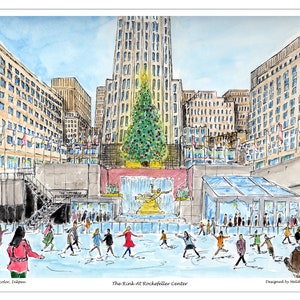 ART PRINT Rockefeller Center Ice Skating Watercolor Painting Wall Decor New York City Christmas Tree Winter Skating Rink NYC Manhattan