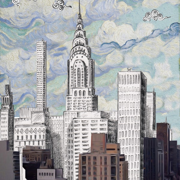 Vangogh sky and Manhattan, Manhattan , watercolor printed frame,  New York by artist Melixah