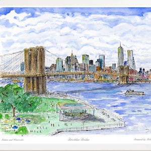 Brooklyn bridge,Brooklyn bridge New York, colored print, Brooklyn bridge by watercolor, unique art print designed by Meliksah