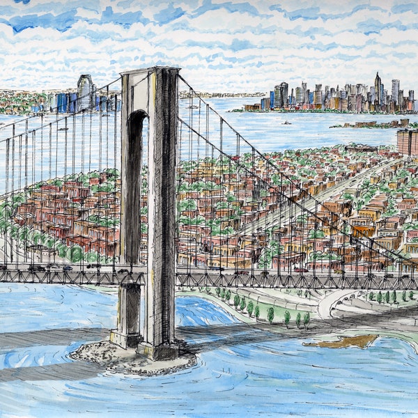 Verrazzano-Narrows Bridge,Brooklyn, Manhattan and New Jersey ,Wall decor, Print, Water color,awarded artist Meliksah Soyturk ,Digital print.
